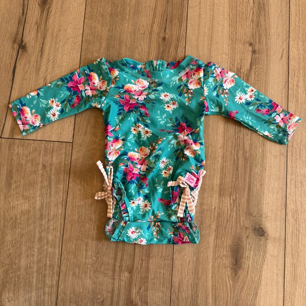 Ruffle Butts Girls Fancy Me Floral Long Sleeve One Piece Rash Guard Size 3-6M
